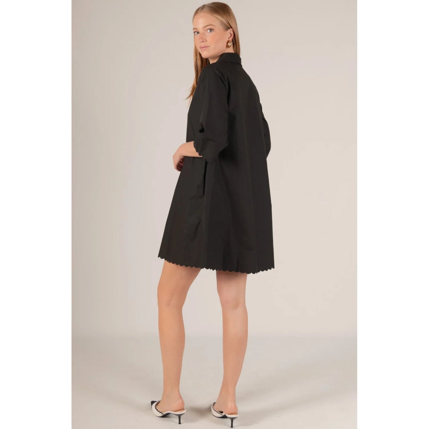 Poplin Scalloped Hem Button Up Shirt Dress