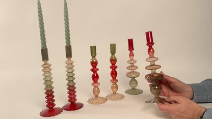 Set of 2 Holiday Ombre Hand-Blown Glass Candlesticks