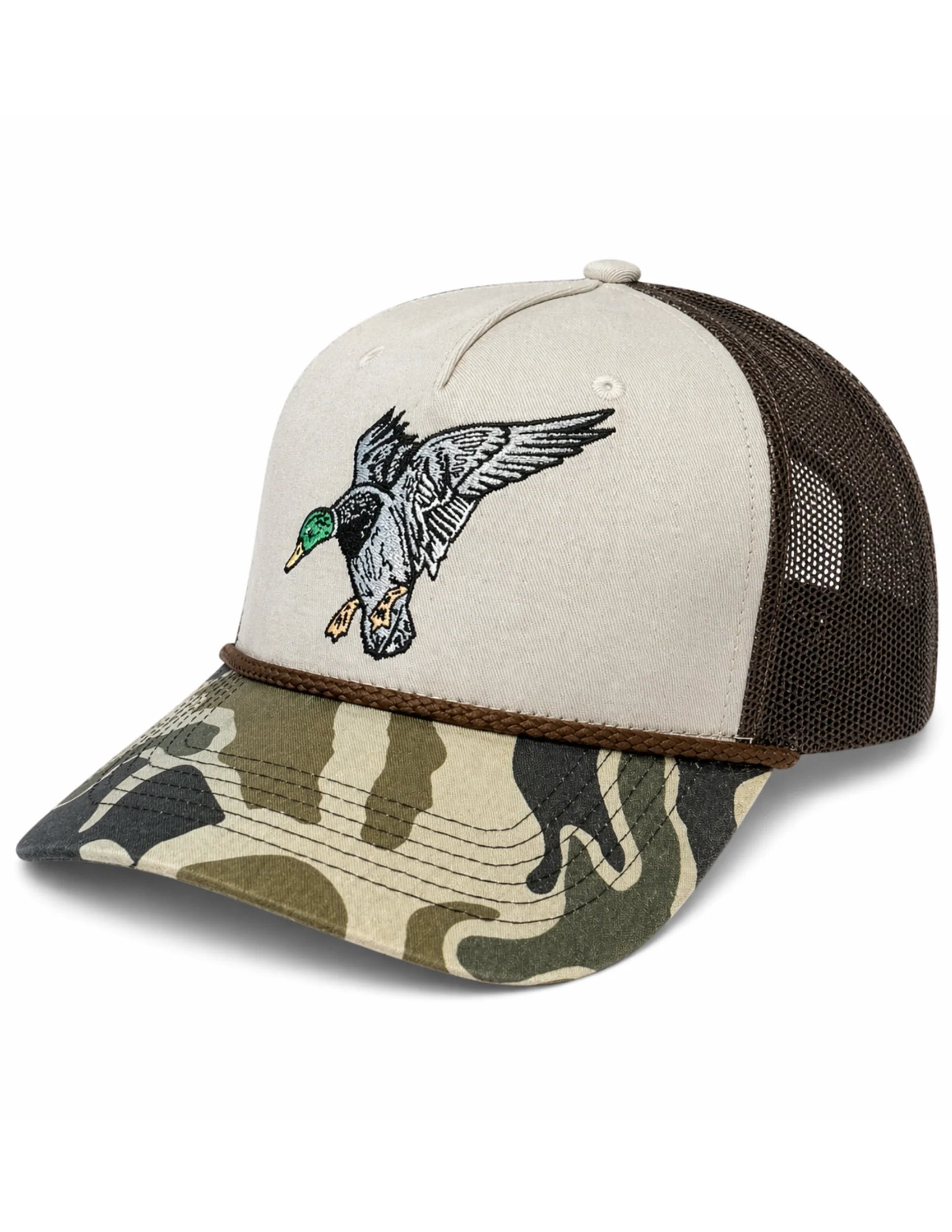 Prairie Oaks Waterfowl Icon Mallard Hat featuring an embroidered flying mallard, neutral crown, camo bill, brown rope detail, and brown mesh back.