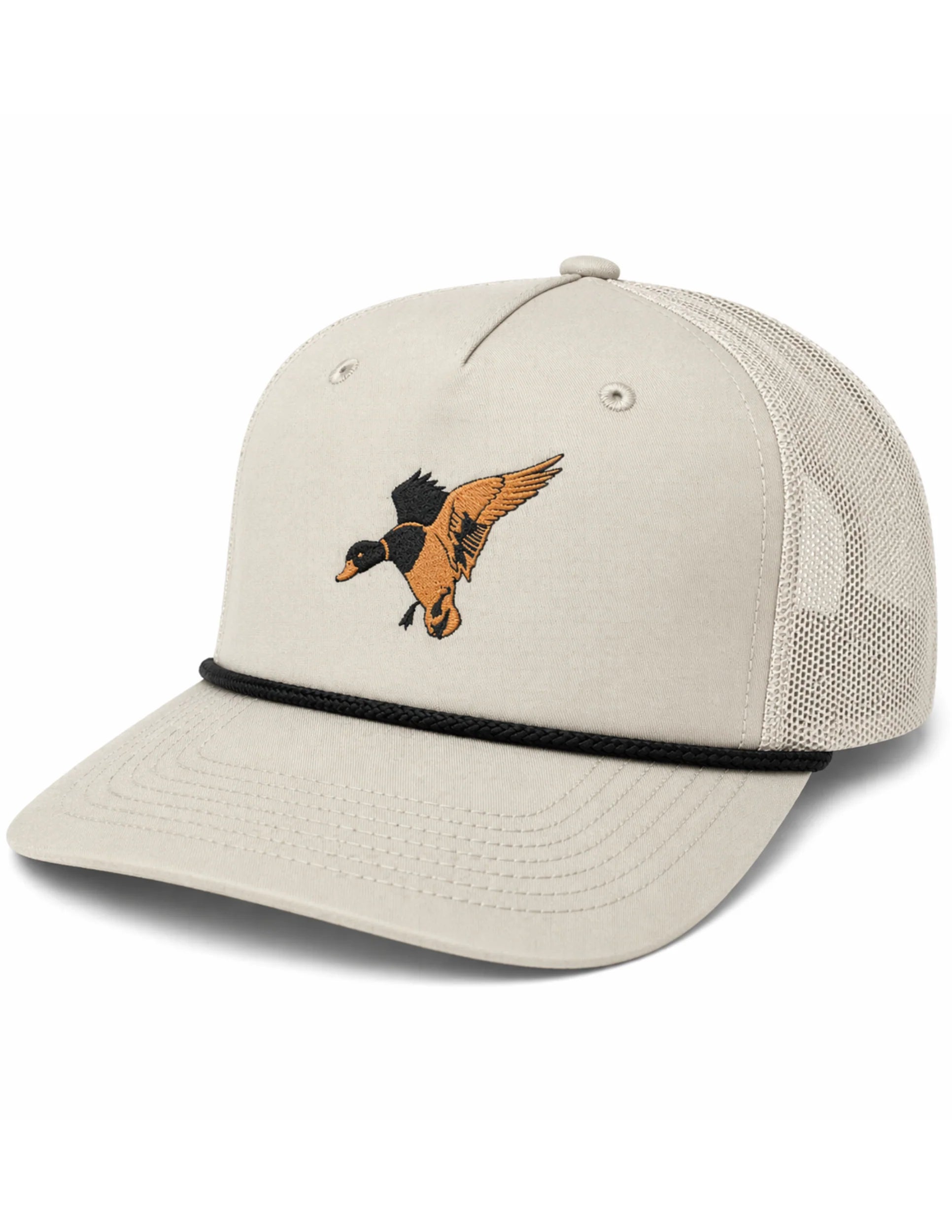Prairie Oaks Waterfowl Ripstop Roper Hat featuring an embroidered flying mallard, neutral crown and bill, black rope detail, and coordinating mesh back.