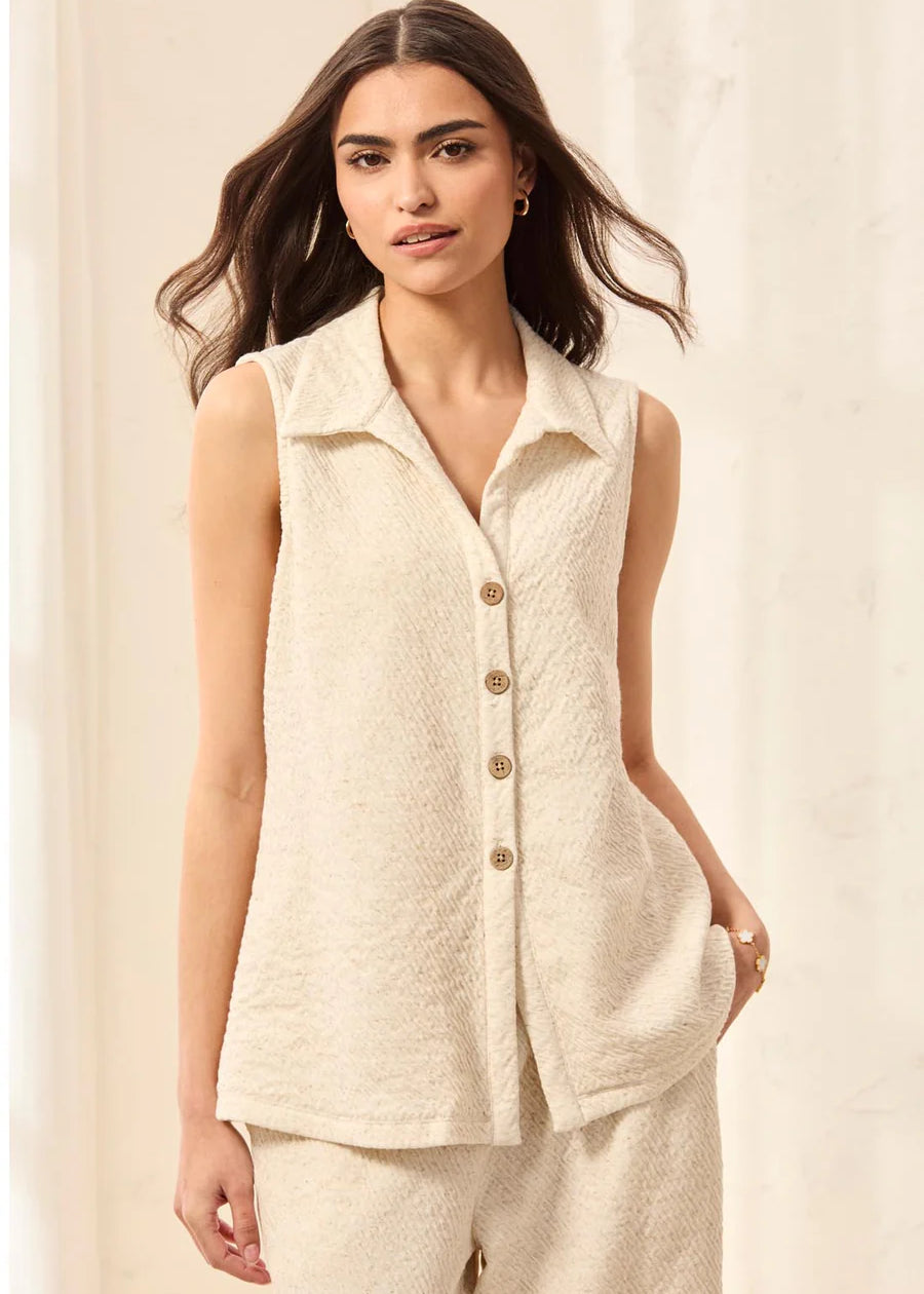 Puckered Knit Sleeveless Button Down Top