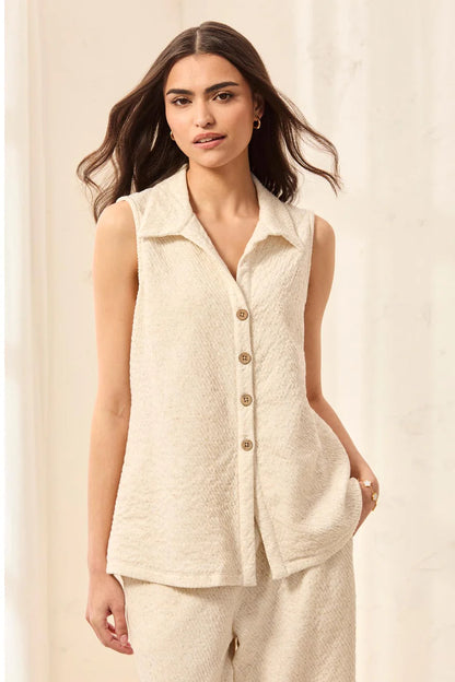 Puckered Knit Sleeveless Button Down Top