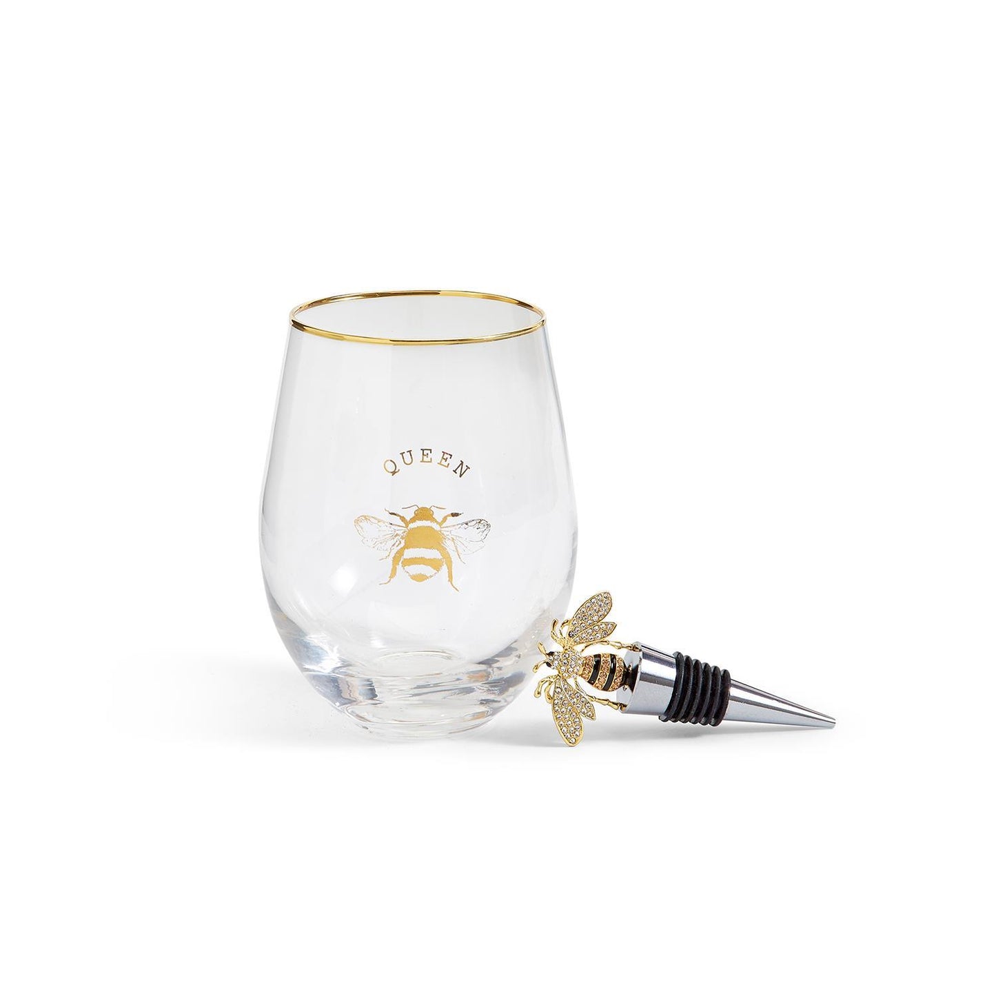 Queen Bee Stemless Wine Glass with Jeweled Bee Wine Stopper