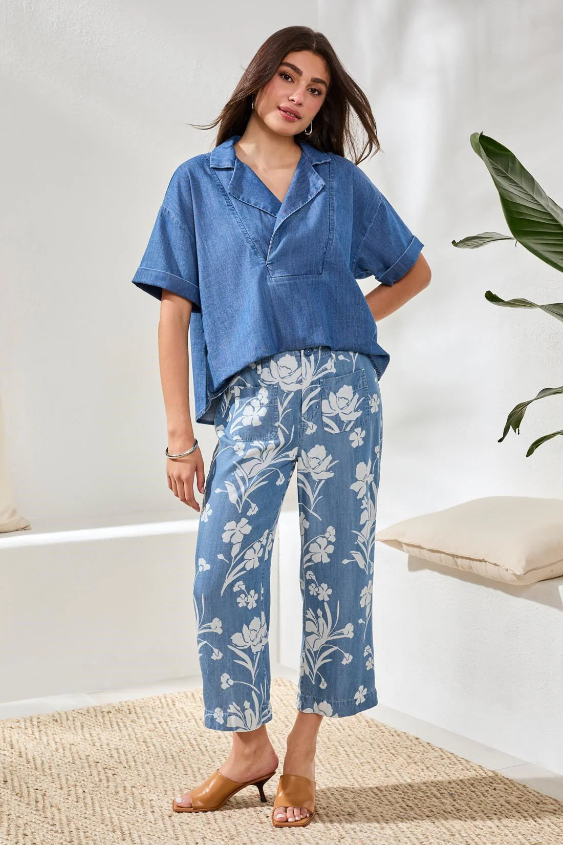 Drape Denim Printed Wide Leg Pant
