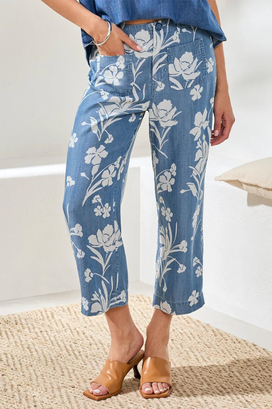 Drape Denim Printed Wide Leg Pant
