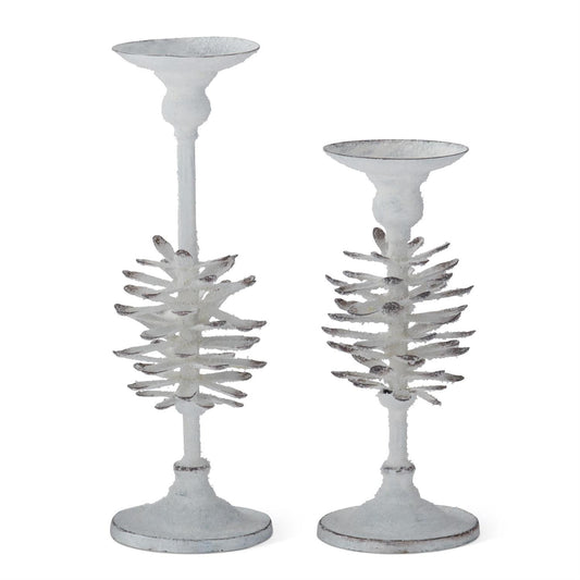 White Glittered Flocked Pinecone Candleholders | Set Of 2
