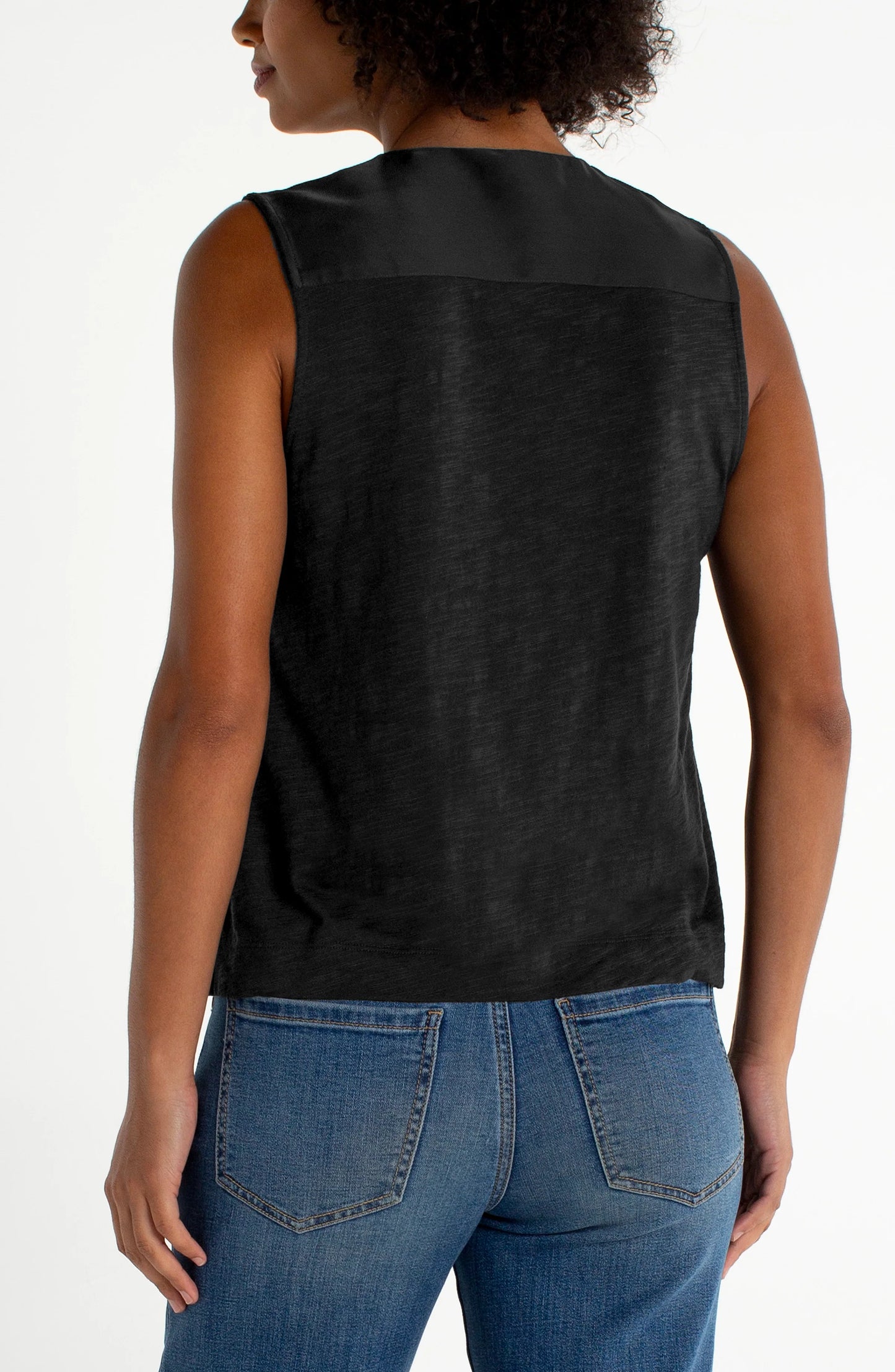 Sleeveless V-Neck Woven-To-Knit Top