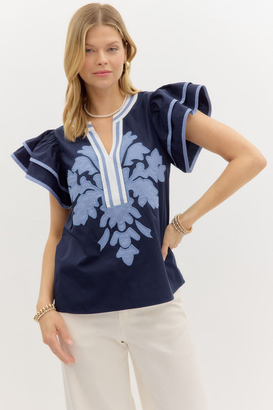 Embroidered Bloom Flutter Sleeve Top
