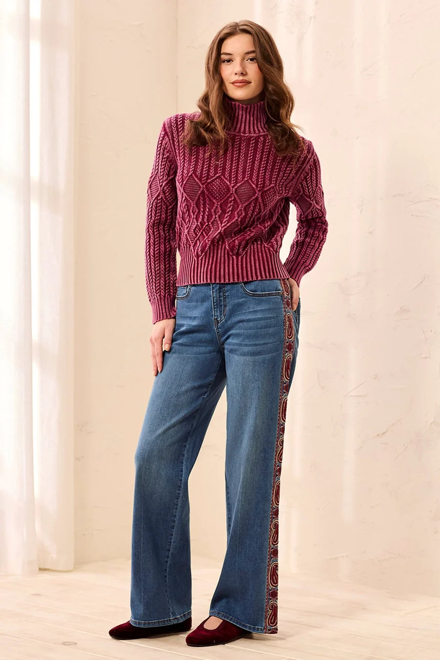 Audrey Wide Leg Jeans With Embroidered Paisley Side Trim