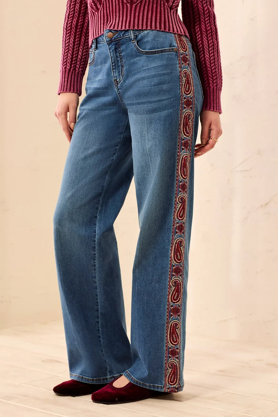 Audrey Wide Leg Jeans With Embroidered Paisley Side Trim