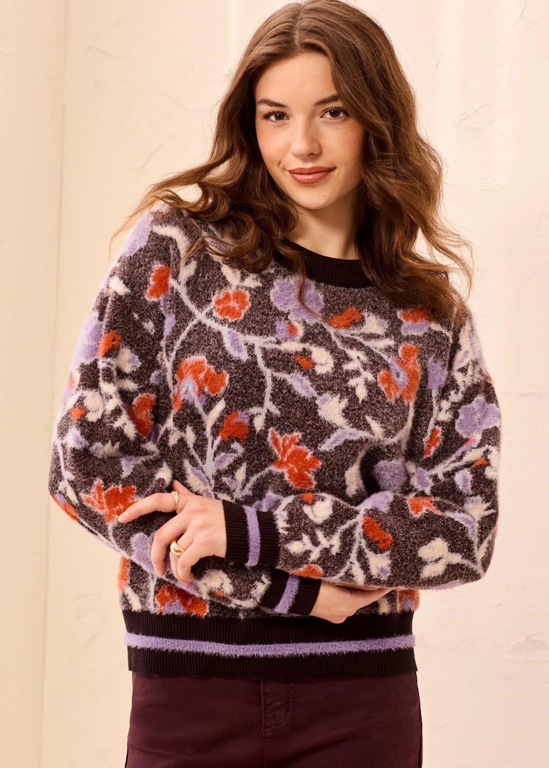 Eyelash Embroidered Long Sleeve Mock Neck Knit Sweater