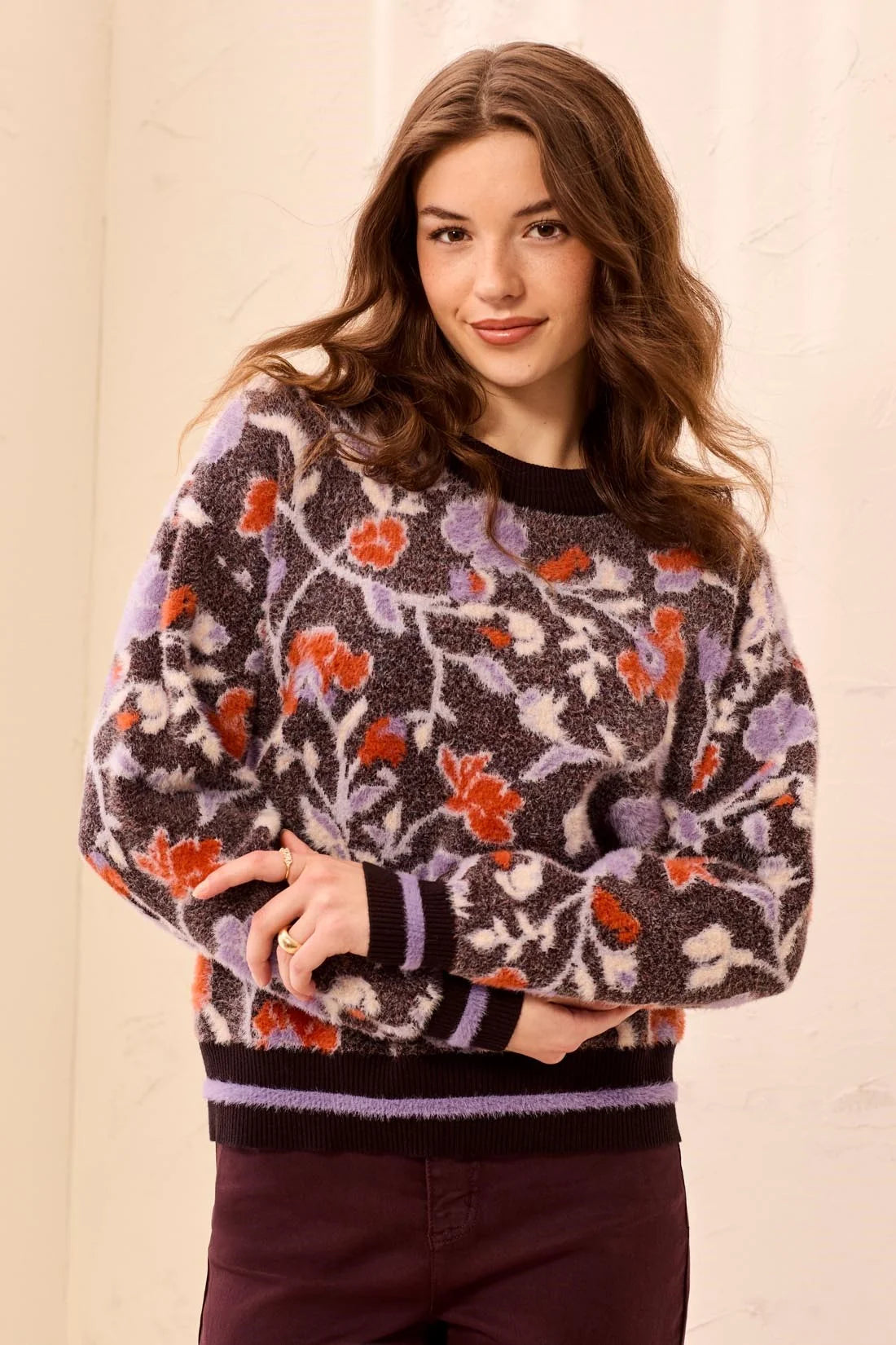 Eyelash Embroidered Long Sleeve Mock Neck Knit Sweater