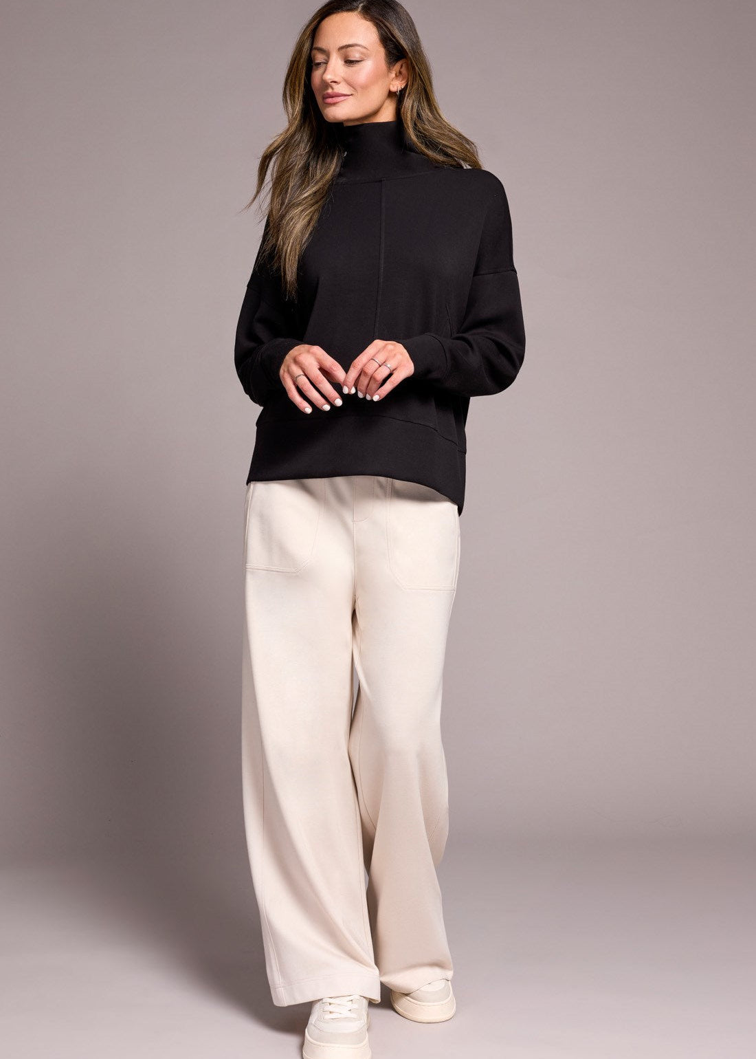 Techno Lux Drop Shoulder Funnel Neck Knit Top