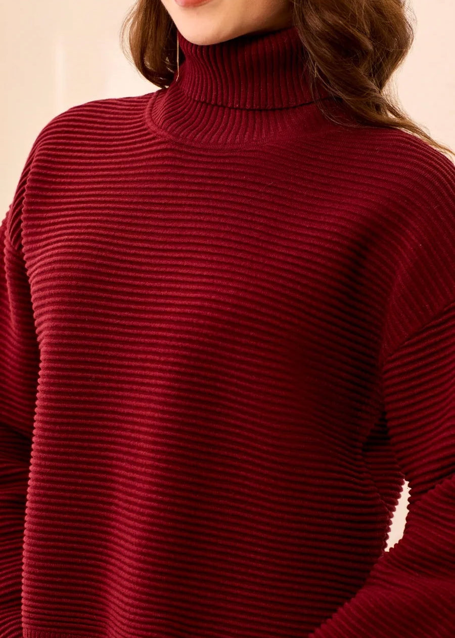 Textured Rib Mock Neck Drop Shoulder High-Low Sweater With Side Slits