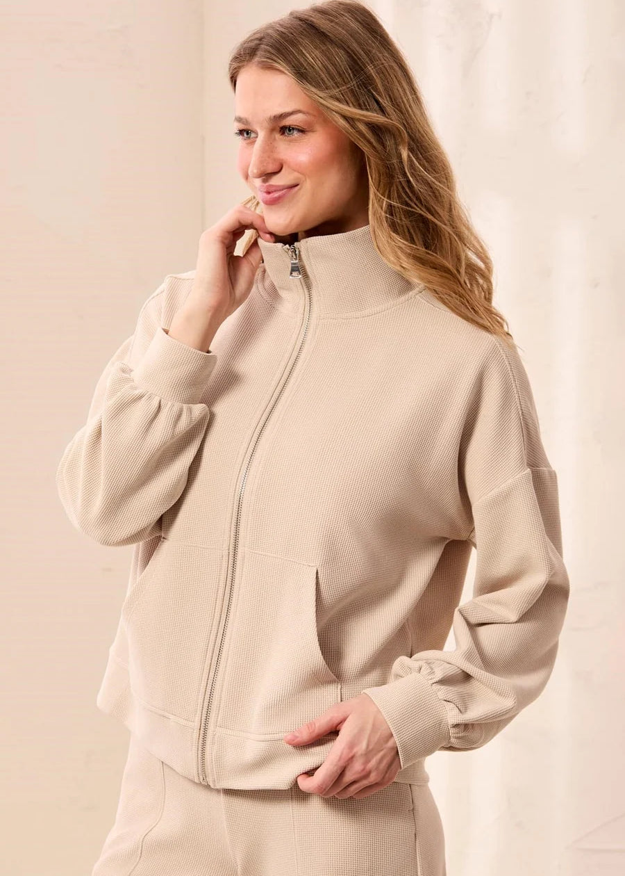 Waffle Knit Drop Shoulder Puff Sleeve Zip-Up Cardigan