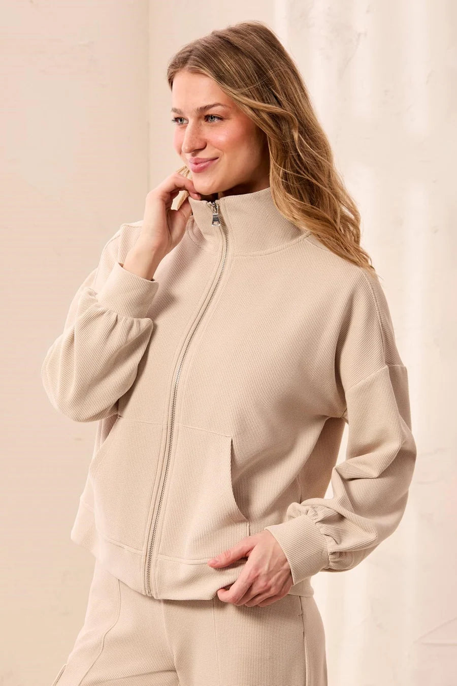 Waffle Knit Drop Shoulder Puff Sleeve Zip-Up Cardigan
