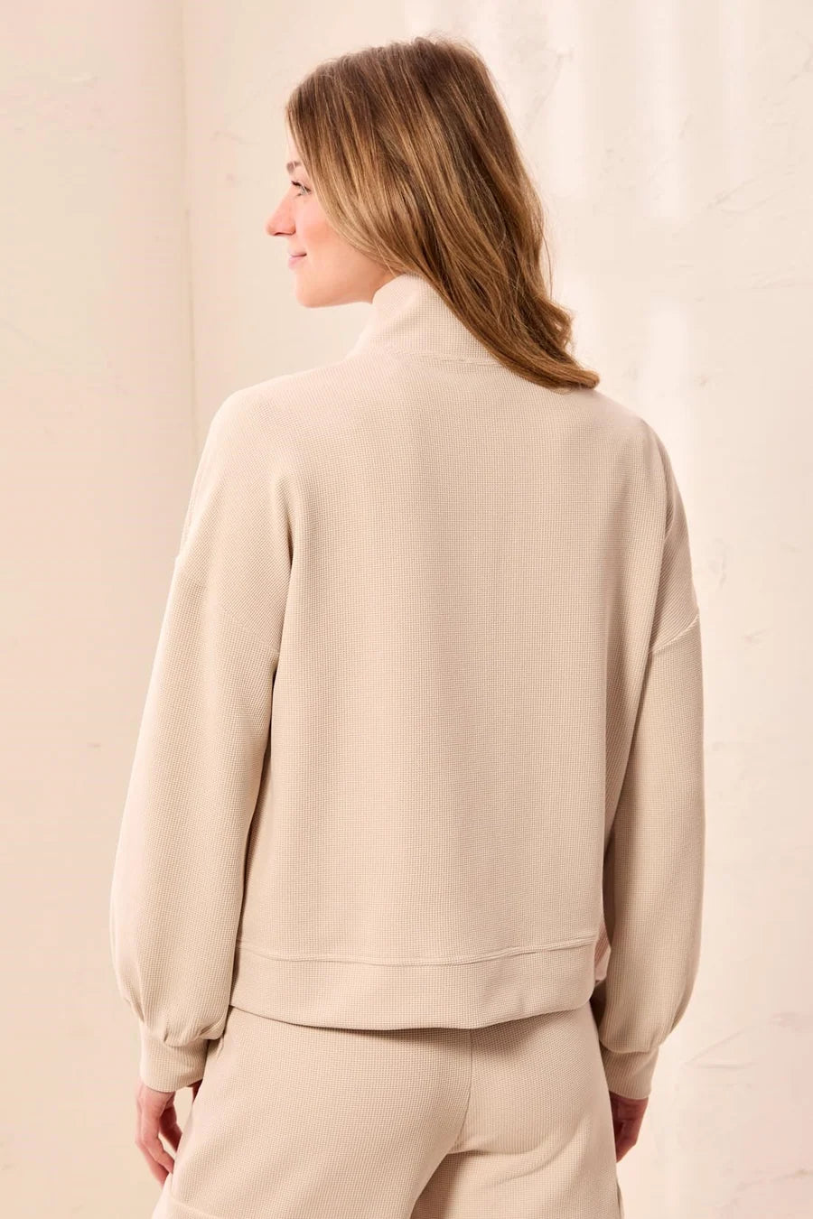 Waffle Knit Drop Shoulder Puff Sleeve Zip-Up Cardigan