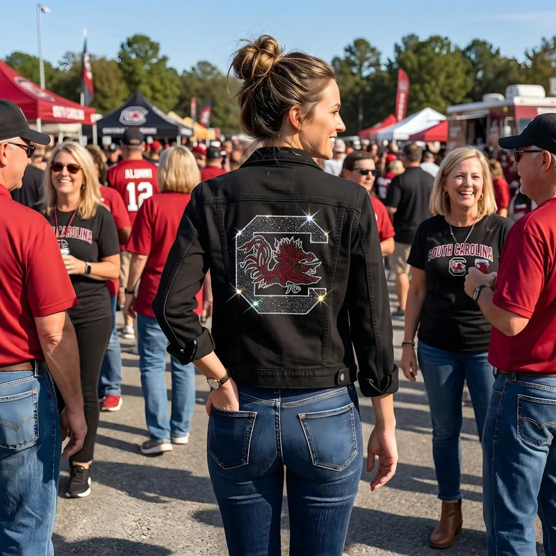 Officially licensed NCAA USC Spurs Up Gamecock denim jacket featuring University of South Carolina detailing in a classic button-front game-day style.