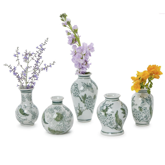 Primrose & Lotus Mini Green and White Chinoiserie Vases