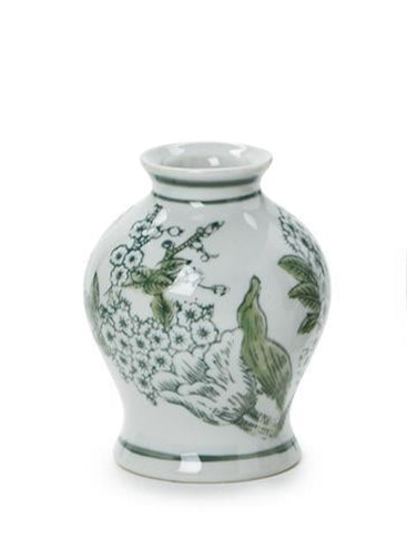 Primrose & Lotus Mini Green and White Chinoiserie Vases