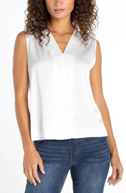Sleeveless V-Neck Woven-To-Knit Top