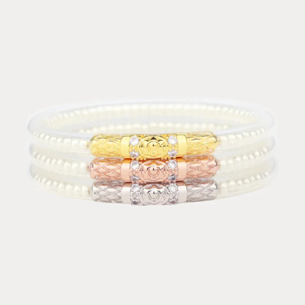 White Pearl Three Queens All Weather Bangles | Set Of 3 | BuDhaGirl