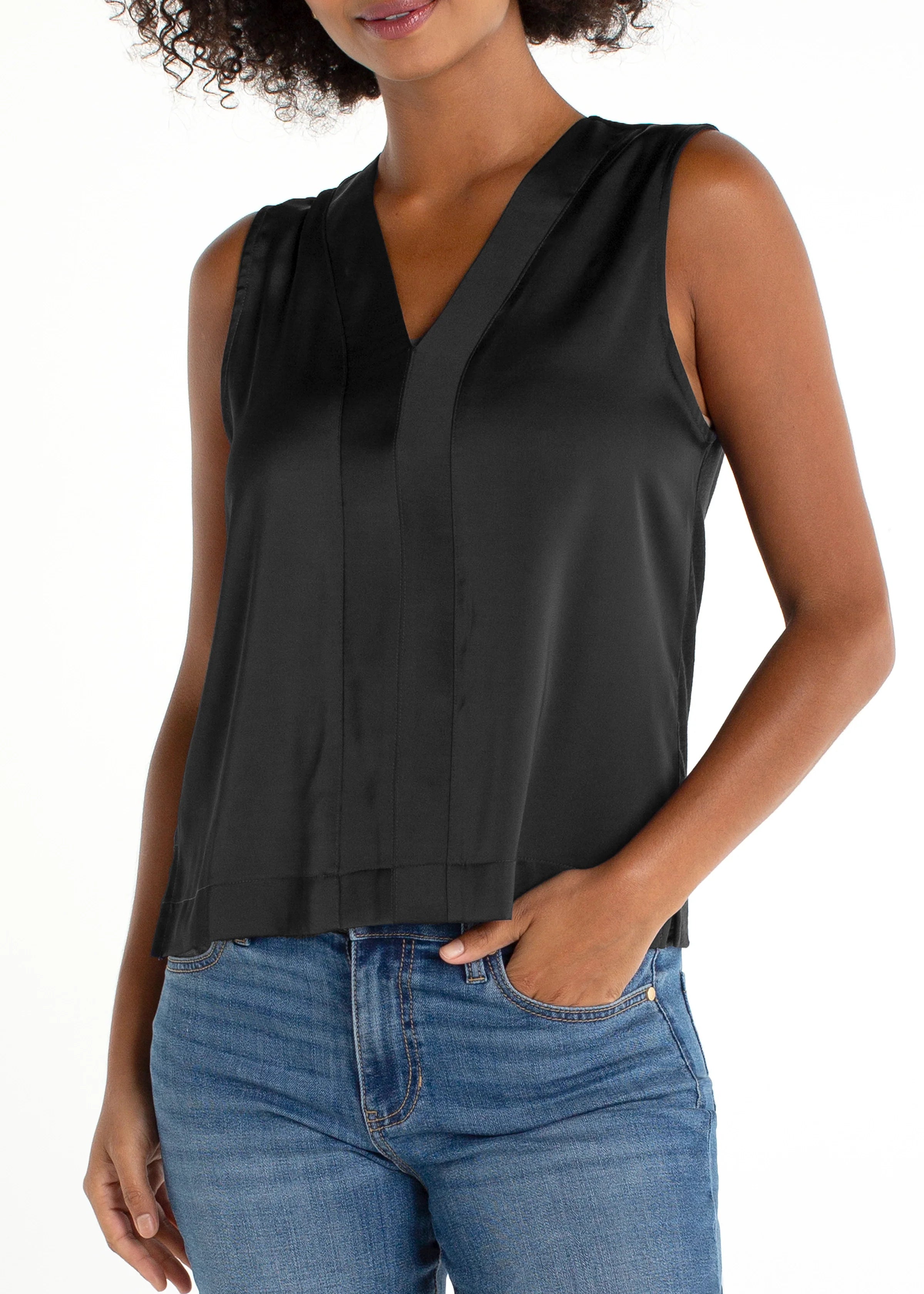 Sleeveless V-Neck Woven-To-Knit Top