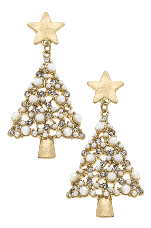 Pearl Studded Enamel Christmas Tree Earrings | Canvas